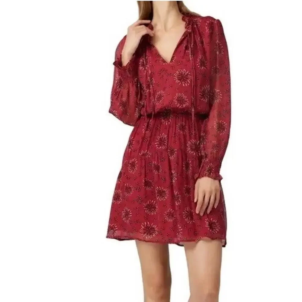 BA&SH Rose Tie Neck Long Sleeve Mini Dress Size 1 - Picture 3 of 7